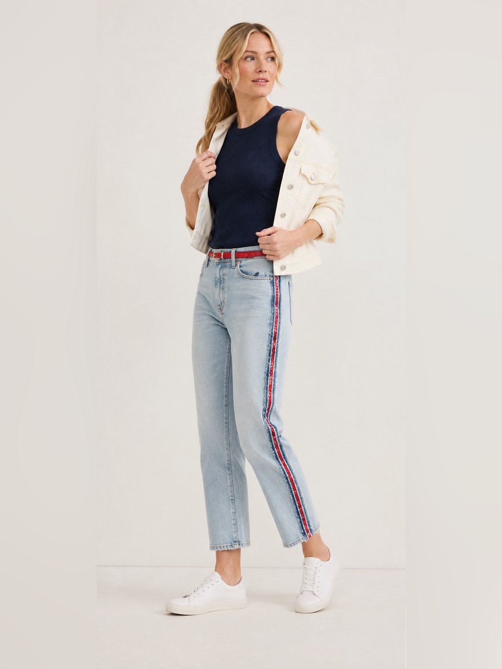 Light Wash Side-Stripe Women’s Jeans - Red/Blue Trim